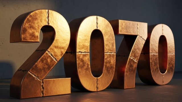 A 3D rendering of the year 2070 in large, copper-colored, metallic block letters
