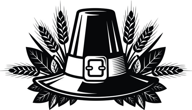 Black and white vector of a pilgrim hat, wheat, and leaves, symbolizing Thanksgiving, harvest, and American heritage.