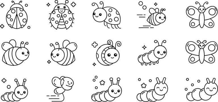 Cute cartoon insects icon set featuring bees butterflies ladybugs caterpillars and smiling bugs in playful doodle style