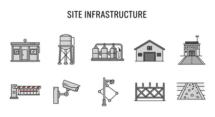 Illustration depicting various elements of site infrastructure in two rows © Fauzan Adzima