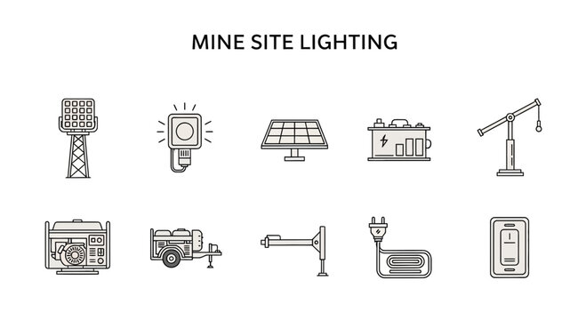 Line art icons illustrating mine site lighting equipment and power sources