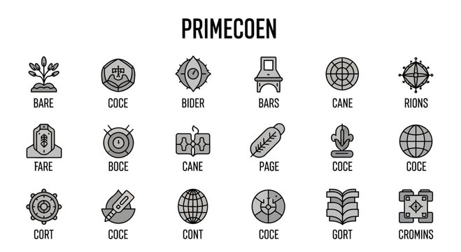 A grid of eighteen monochrome icons labeled with unique short names