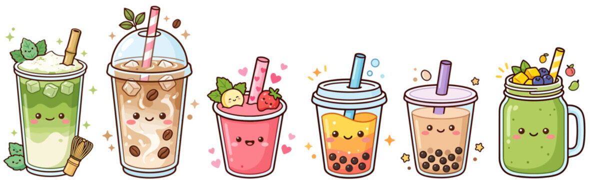 Vector clip art collection of cute kawaii drinks, summer drinks icons, including boba tea, matcha, coffee and smoothies, with adorable faces, isolated, no background