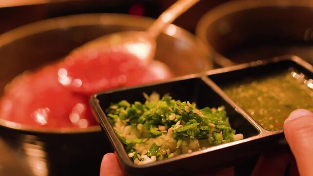 Close Up of Hand Ladling Spicy Red Broth into Condiment Tray