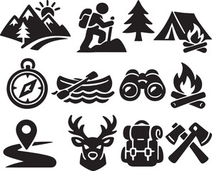 Obraz premium Outdoor Adventure Icon Set – Camping, Hiking, Nature Line Icons on Dark Background
