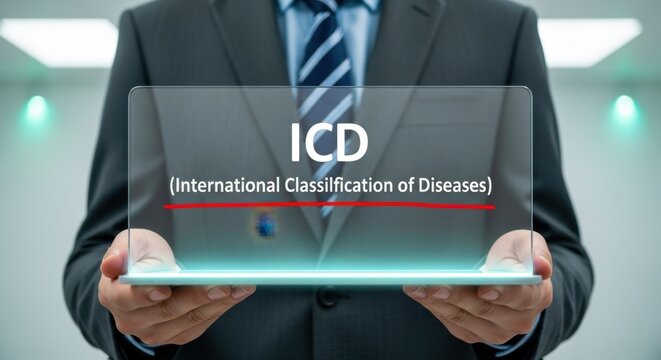 Businessman holding tablet with ICD, International Classification of Diseases, medical coding, healthcare technology