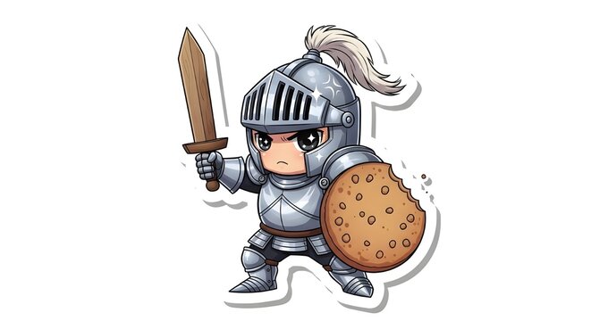 A chibi knight in silver armor, wielding a wooden sword and a cookie shield with a bite taken out. He looks small, tough, and adorable.