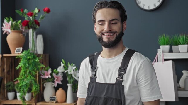 Man florist smiling while holding flowers and vases at a studio counter with shelves and clock visible; joyful craft.