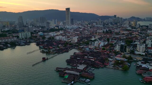 George Town Penang clan jetties cityscape at dusk. Best aerial view drone