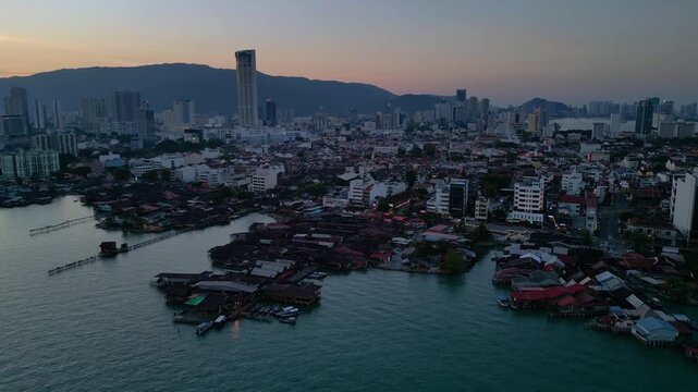 George Town Penang clan jetties cityscape at dusk. Nice aerial view drone