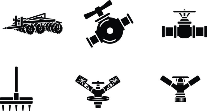 Agricultural and gardening tools icons set with farm machine with water valve with gardening tool