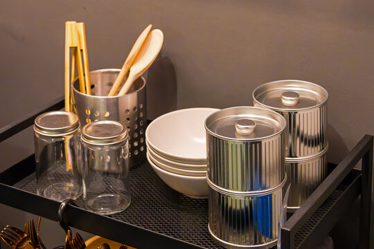 Tray with food delivery tools containers inside room interior