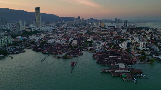 George Town Penang clan jetties cityscape at dusk. Great aerial view drone