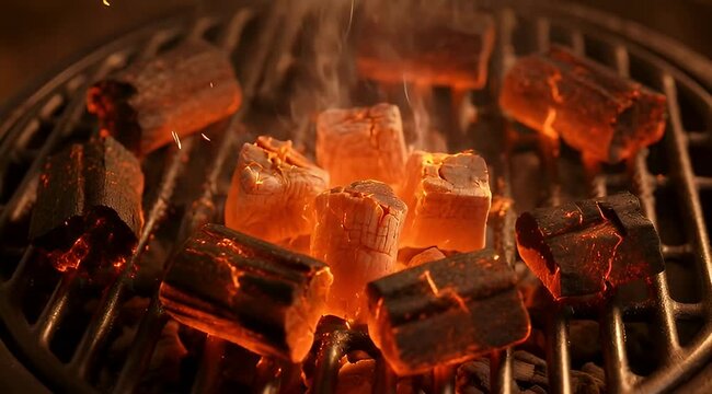 Vibrant glow of hot charcoal briquettes igniting on a barbecue grill, ready for outdoor cooking and grilling season