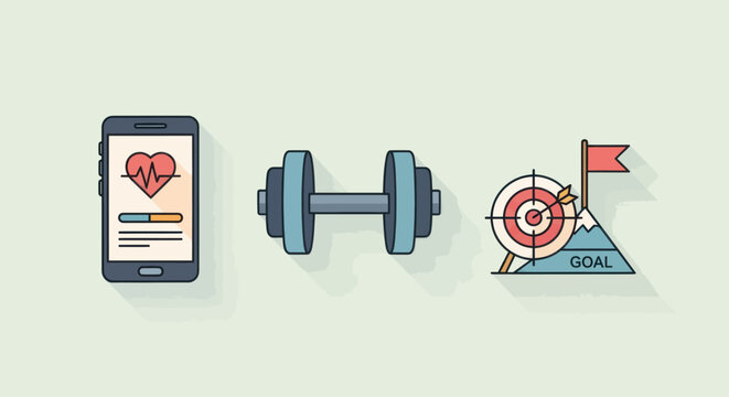 Fitness Goals Smartphone App, Dumbbell, and Target Icon on Light Green Background