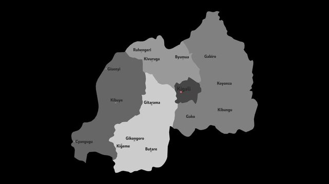 Vector map of Rwanda with names of cities and with borders city