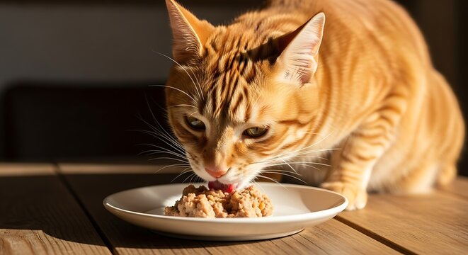 Ginger Cat Enjoying a Meal - Focused on Eating from a Plate.