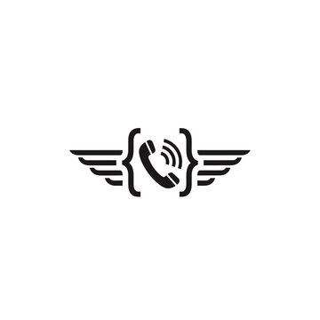 Winged phone symbol with brackets.