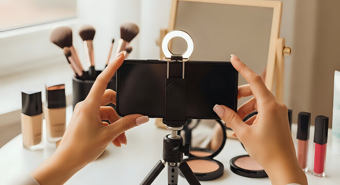 A person recording a makeup tutorial with a smartphone on a tripod in a bright and clean room