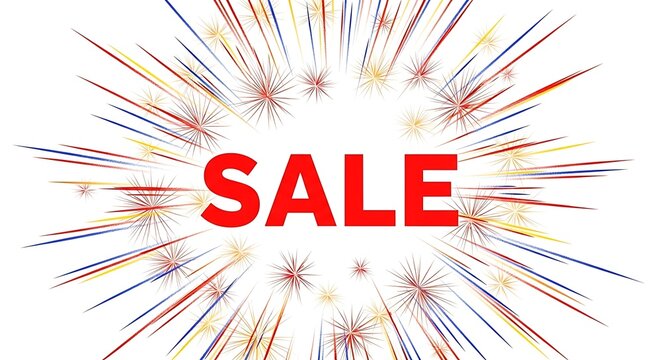 Red s a l e text surrounded by exploding colorful fireworks on white background sale word
