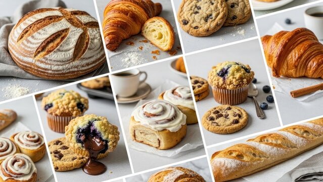 A collage of 10 images showcasing various types of sweet and savory baked goods
