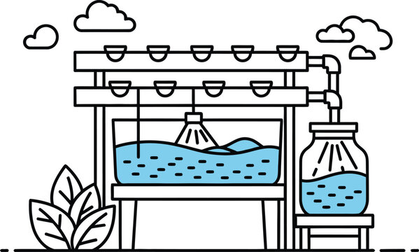 Diagram of hydroponic farming system with water circulation and plants illustration with urban farming
