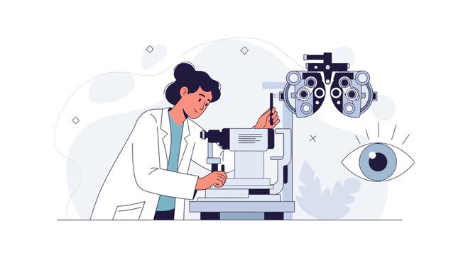 Optometrist examining patient with eye exam equipment and chart