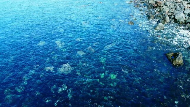 海底が見える穏やかな波打ち際を俯瞰で空撮