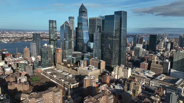 Aerial view of New York City's West Side approaching Hudson yards Towers