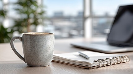 Obraz premium Cozy Modern Office Desk with Coffee Mug, Notebook and Laptop, Sunlit City View Background, Work From Home Still Life