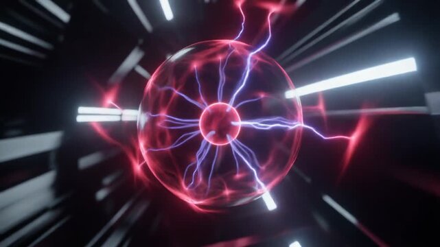 A plasma globe radiates vivid pink and blue filaments, symbolizing electrical discharge, ionized gases, and the mesmerizing dance of plasma physics in motion.
