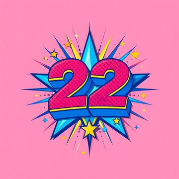 Pop art style illustration of number 22, against a pink backdrop