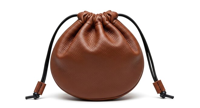 Brown leather drawstring pouch with black cords leather bag round pouch