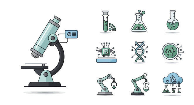 Science Technology Icons: Microscope, DNA, Robotics, Cloud, Microchip, Lab Equipment