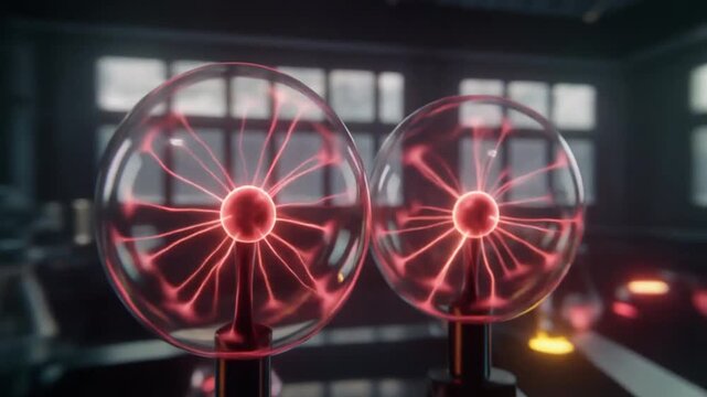 Twin plasma globes emit glowing filaments in a lab setting, symbolizing electricity, ionization, and the mesmerizing beauty of plasma physics in education and experimentation.