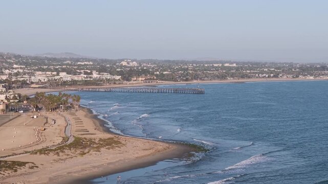 Ventura, California, City Town Coastal view of with ocean waves along the Pacific shoreline. Scenic Southern California beach.