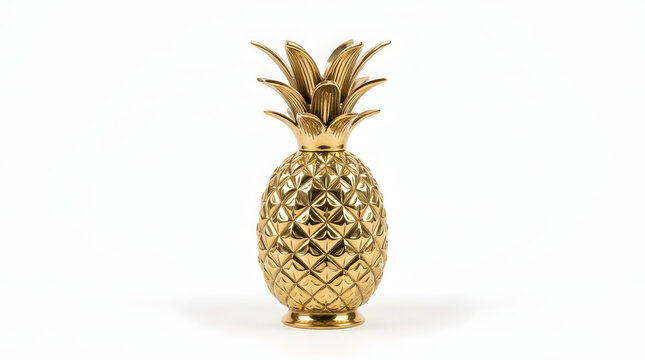 Golden pineapple sculpture, a shiny, decorative fruit ornament adding a touch of opulence and tropical flair to any space