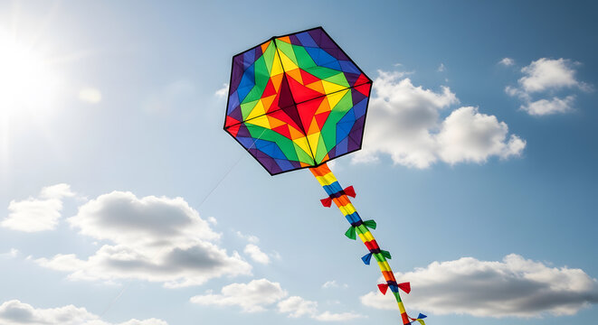 A six-sided geometric kite flying against a clear sky