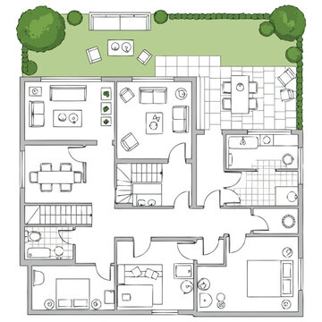 Detailed Architectural Floor Plan Layout Of A Modern Two Story Family House With Interior Room Furniture And Exterior Garden Design For Real Estate