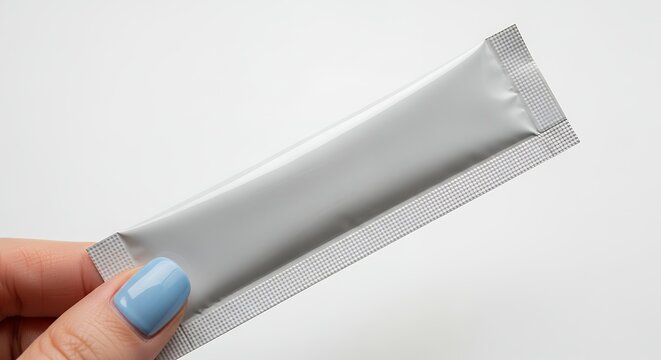 Hand holding a blank silver foil stick pack on a white background, ready for product branding.