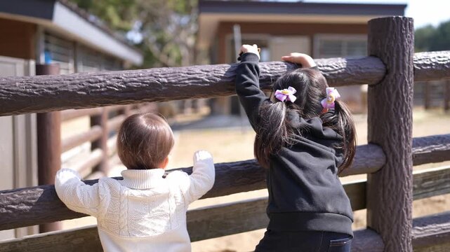 Two children peer over a wooden fence. Boy in white, a girl in black. They touch the fence, leaning forward. Their eyes follow something beyond. Curious, quiet, full of wonder