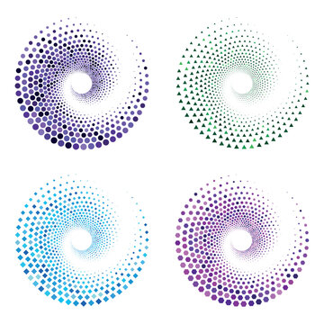 4 vibrant swirling vortexes of blue yellow and red pixels are digitally rendered against a stark black background