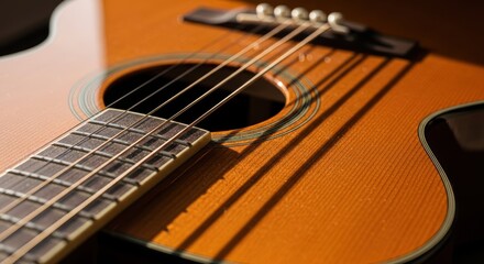 Fototapeta premium Extreme Close Up Detail View Of Acoustic Guitar Strings And Sound Hole
