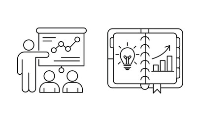 Fototapeta premium Business presentation chart and creative idea notebook with growth graph for planning concept.Editable stroke, Vector illustration, Line art Icon, Symbols.