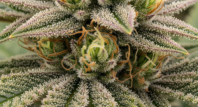 A detailed macro shot of a cannabis bud with trichomes