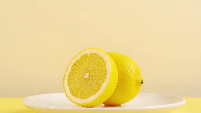 白い皿に整然と置かれた一枚のレモンスライスをマクロで捉えた超高精細映像。
ゆっくりとしたプッシュインとわずかな呼吸のような動きで静かな奥行きを演出。
鮮やかな黄色と淡い同系色のマット背景、自然光とシャープなハイライトで質感を強調。