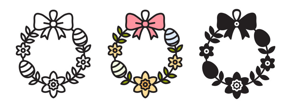Easter wreath icon set: linear with editable stroke, flat color, solid silhouette, and pixel art. Minimalist spring ornament with eggs, flowers and bow isolated on white. Festive vector symbols.