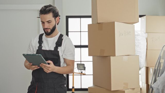 Man holding tablet and checking stacked moving boxes beside ladder and work light in a building while wearing apron overalls; focus.