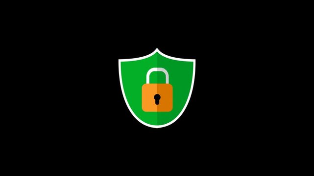 Lock and Safe animation. Security padlock icon animation with lock movement inside big large green shield as a sign of secure condition. Alpha channel transparent  background.