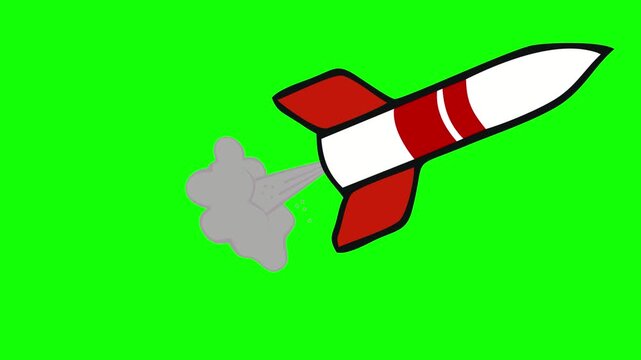 Animated retro space rocket ship launching upward with smoke on green screen
